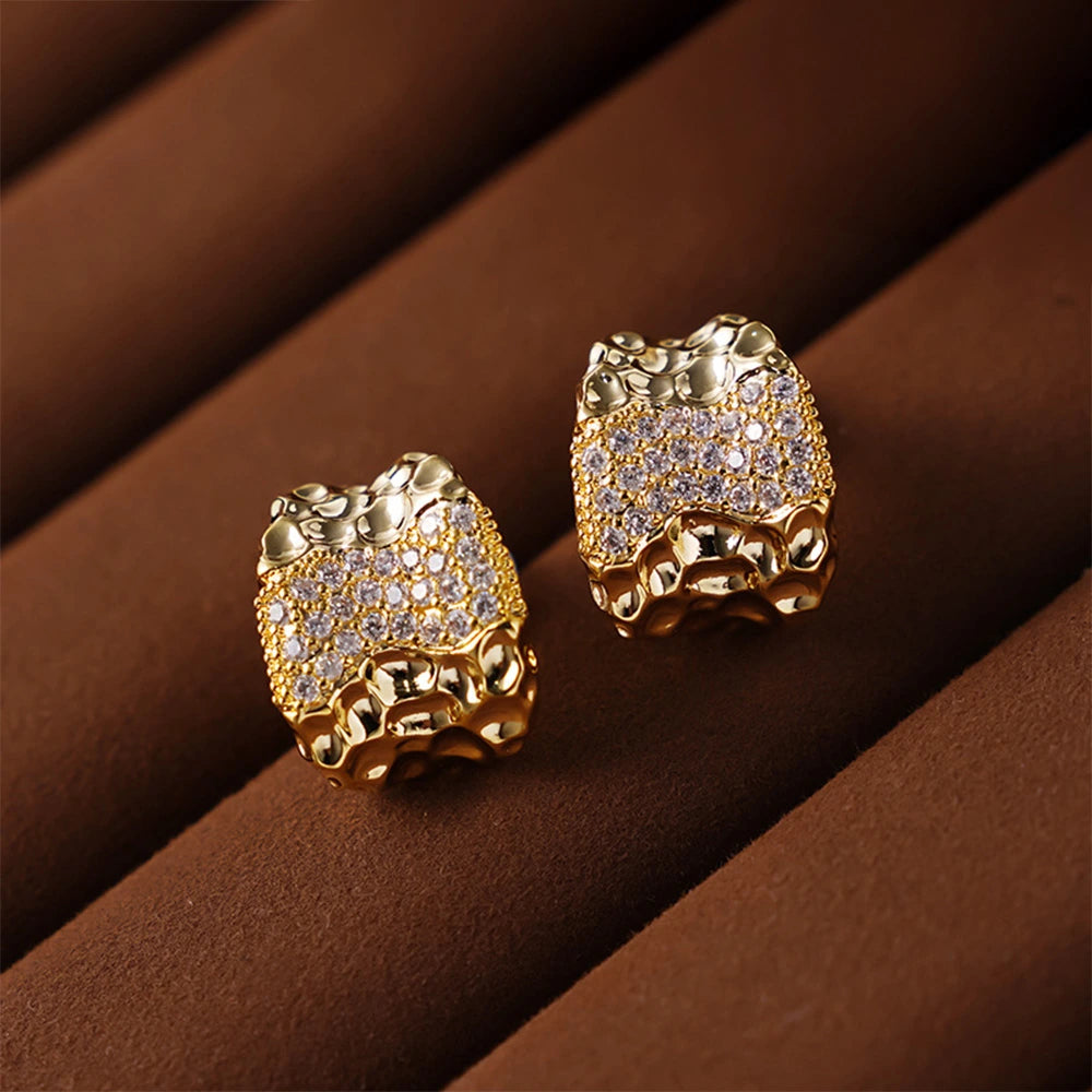 Front view of Textured Gold & Pavé Clip-On Stud Earrings showcasing the textured design and pavé zircon details.