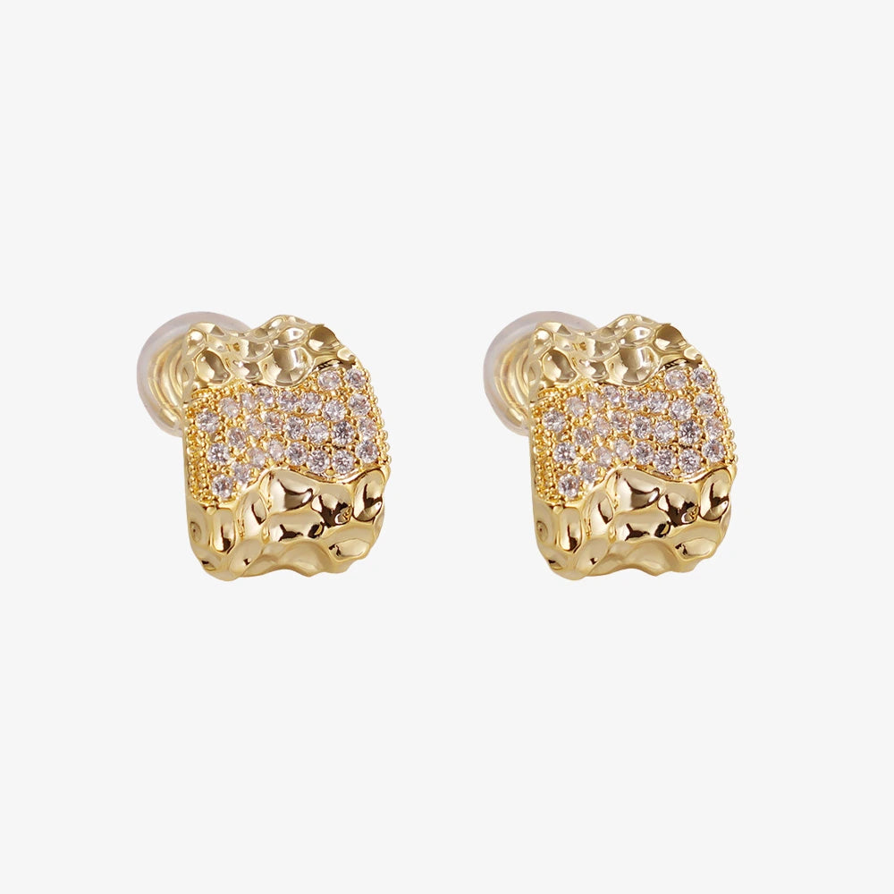 Close-up of the shimmering pavé zircons on the Textured Gold & Pavé Clip-On Stud Earrings.