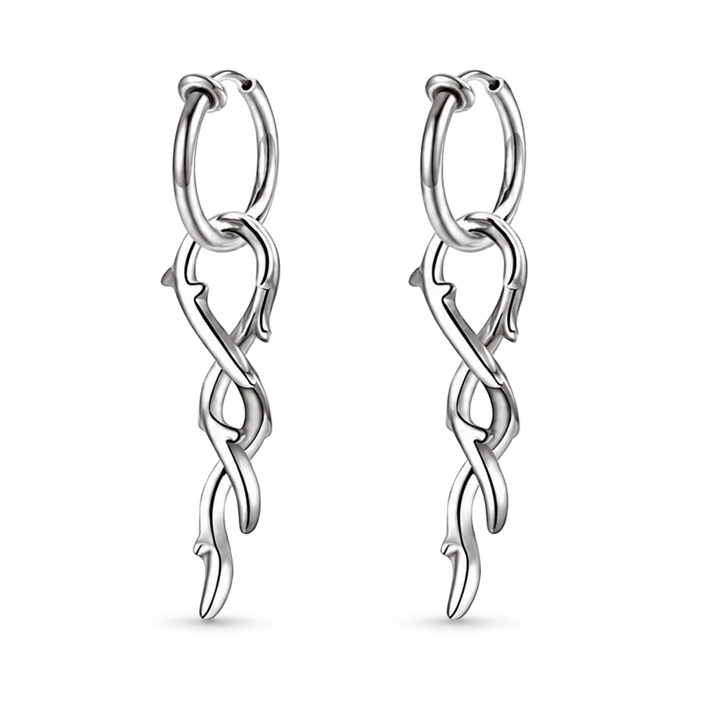 A pair of silver huggie hoop earrings with twisted, vine-like dangling links, shown on a clean white background.