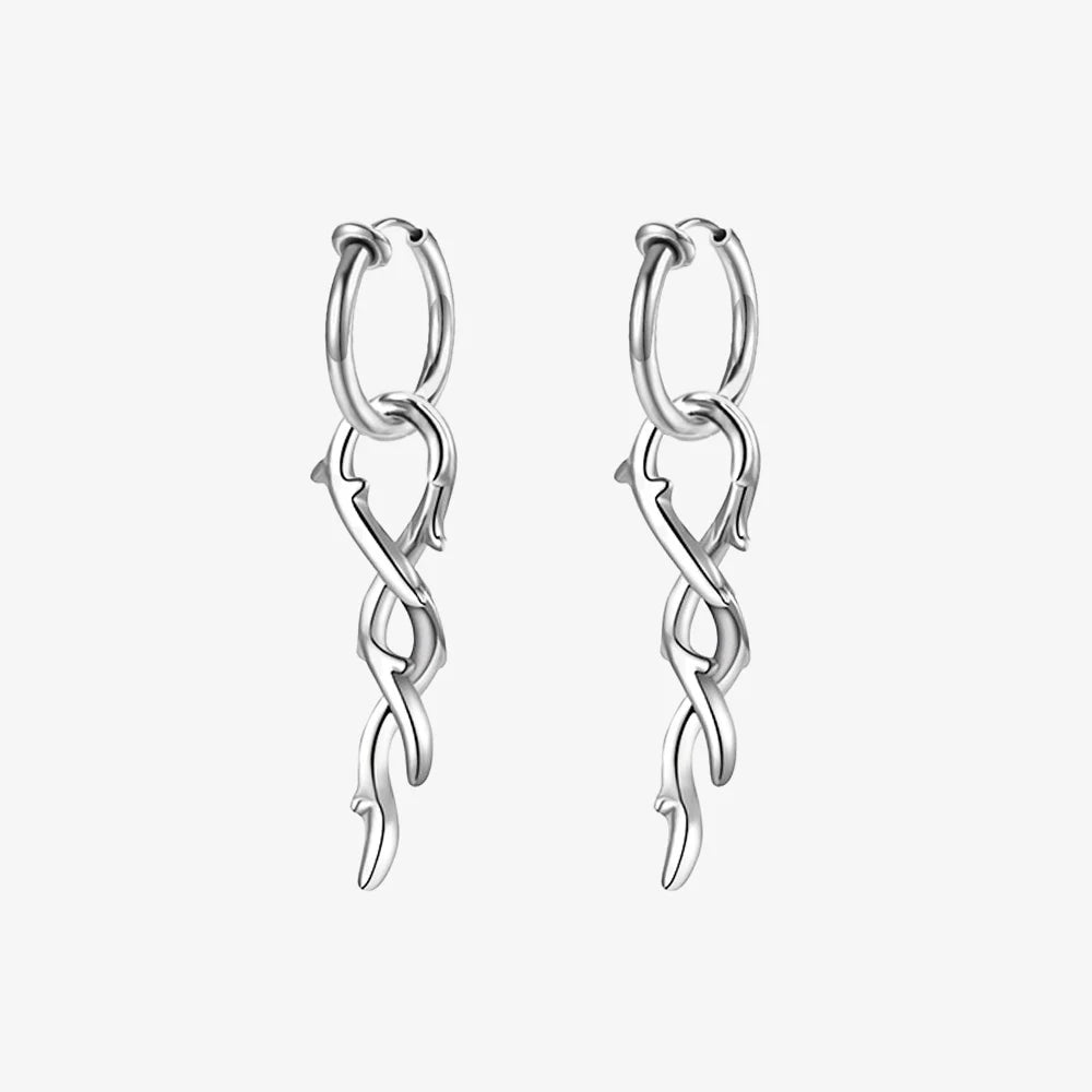 Thorn Vine Clip-On Hoop Earrings in titanium steel with sliding spring-ring design.