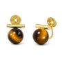 A pair of gold and tiger's eye stud earrings on a clean white background. Each earring features a polished round brown tiger's eye stone with a bar.