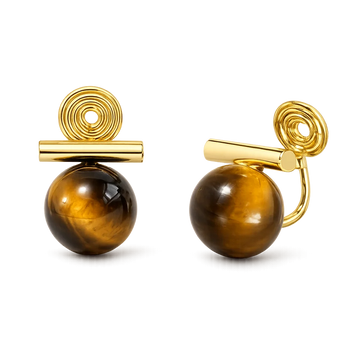 A pair of gold and tiger's eye stud earrings on a clean white background. Each earring features a polished round brown tiger's eye stone with a bar.
