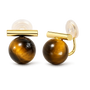 A pair of gold and tiger's eye stud earrings on a clean white background. Each earring features a polished round brown tiger's eye stone with a bar.