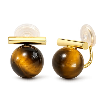 A pair of gold and tiger's eye stud earrings on a clean white background. Each earring features a polished round brown tiger's eye stone with a bar.