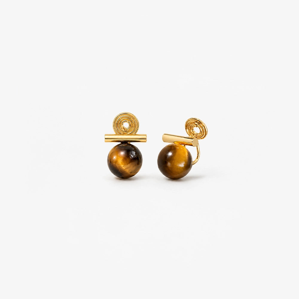Tiger's Eye Clip On Earrings with gold bars front view on white background