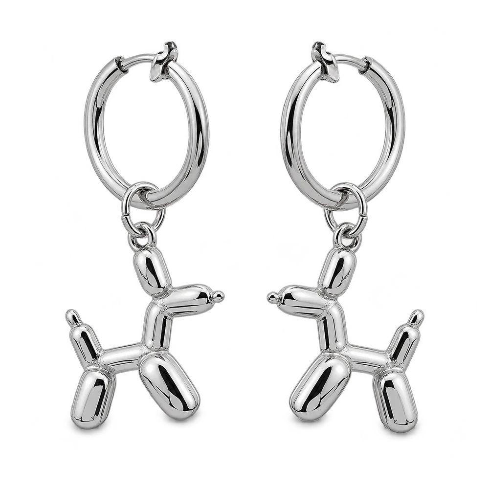A pair of silver hoop earrings with dangling balloon dog charms, shown on a plain white background.