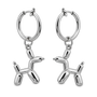 A pair of silver hoop earrings with dangling balloon dog charms, shown on a plain white background.