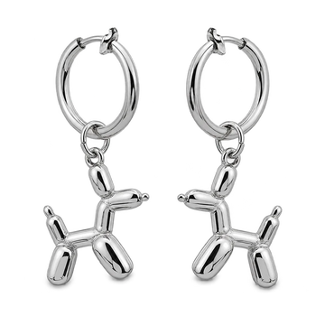 A pair of silver hoop earrings with dangling balloon dog charms, shown on a plain white background.