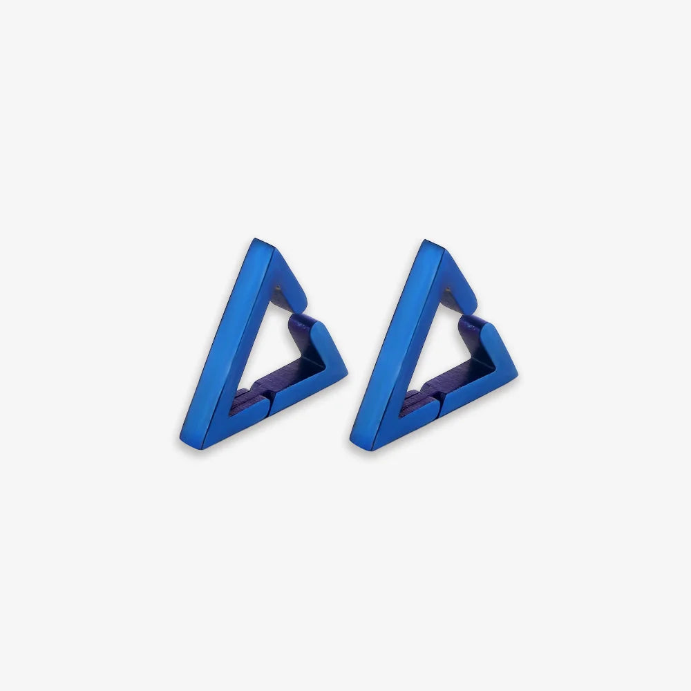 Pair of blue geometric triangle clip-on earrings for men.