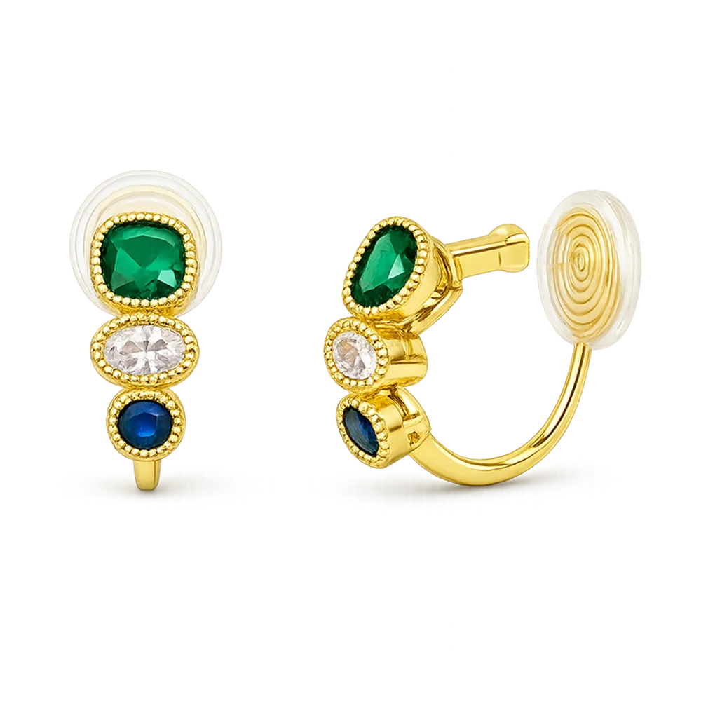 These Triple Color Zircon Emerald Clip-On Earrings feature emerald green, sapphire blue, and clear white zircon stones for a striking look.