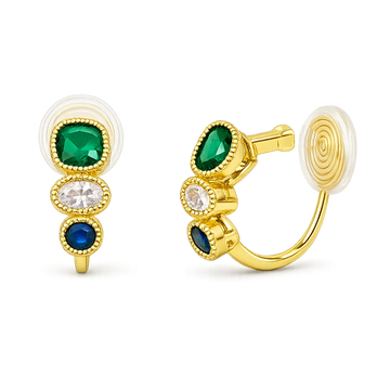 These Triple Color Zircon Emerald Clip-On Earrings feature emerald green, sapphire blue, and clear white zircon stones for a striking look.