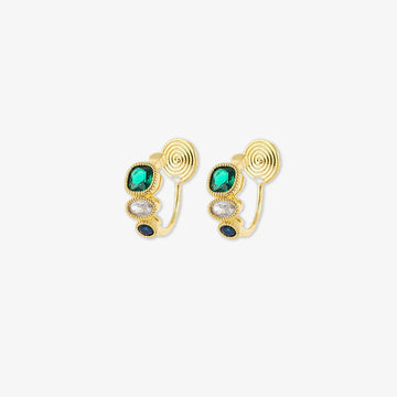 These Triple Color Zircon Emerald Clip-On Earrings feature emerald green, sapphire blue, and clear white zircon stones for a striking look.