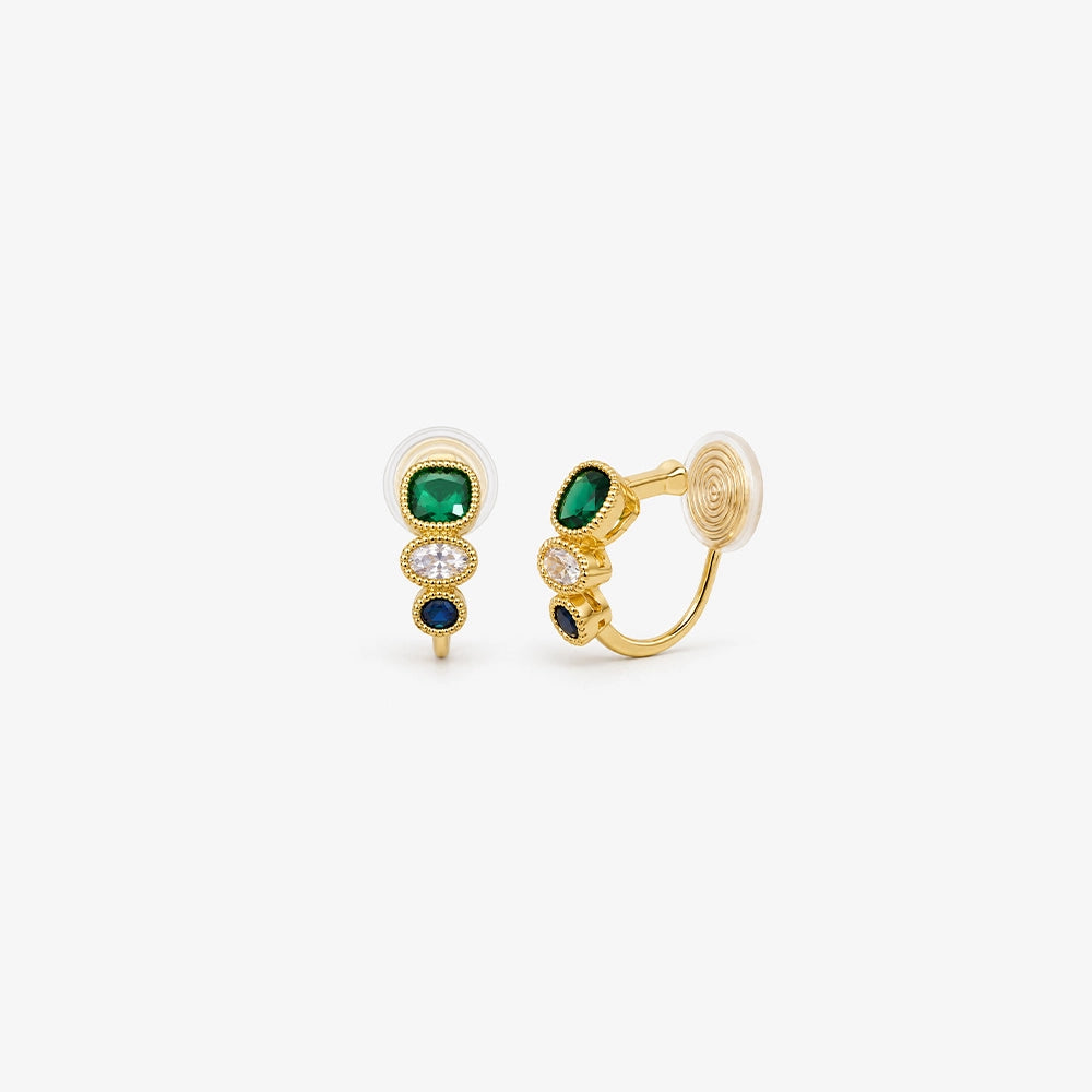 These Triple Color Zircon Emerald Clip-On Earrings feature emerald green, sapphire blue, and clear white zircon stones for a striking look.