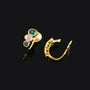 Gold triple color rhinestone emerald clip-on earrings with green, white and blue stones, shown from front and side view on black background