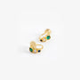 Gold triple color rhinestone emerald clip-on earrings with green, white and blue stones, shown from front and side view 