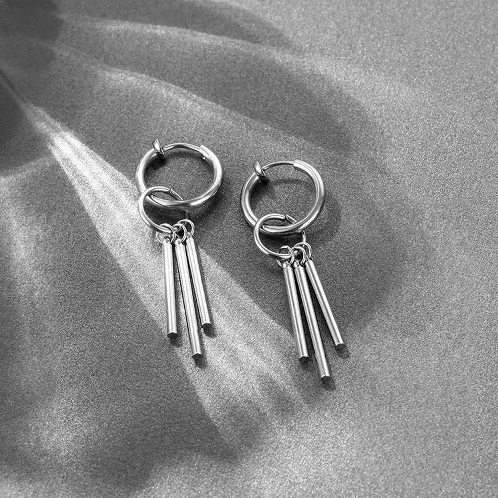 Showcase of Triple Rod Tassel Clip On Earrings with titanium steel rods.