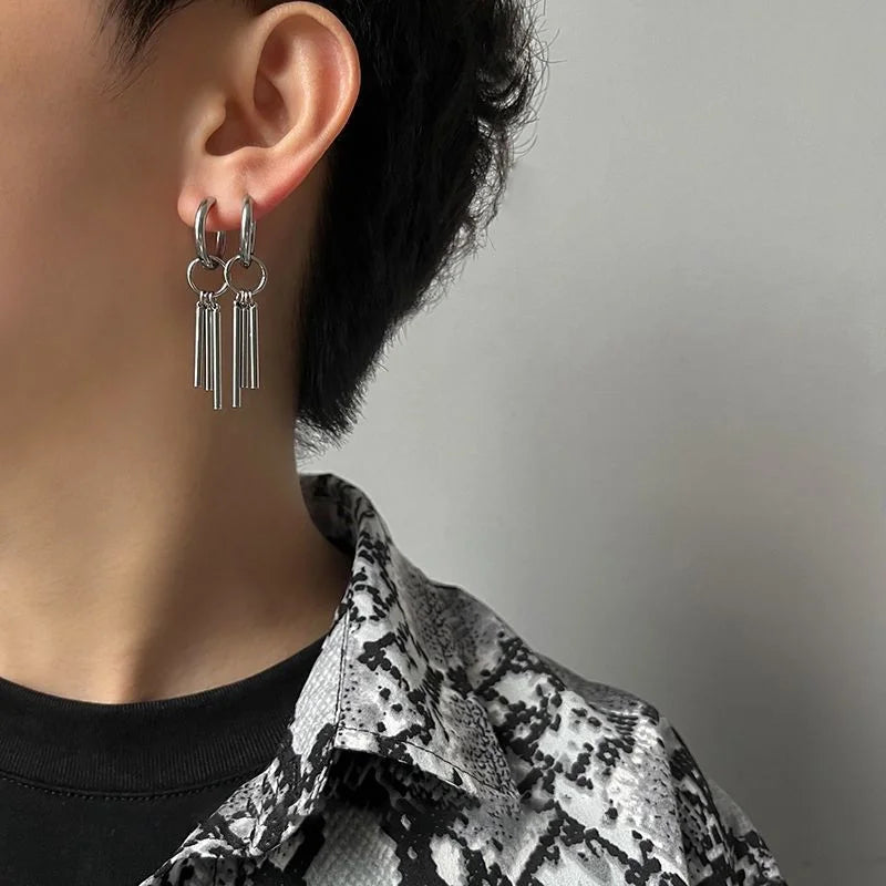 Model wearing Triple Rod Tassel Clip On Earrings.