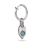 A sterling silver huggie hoop earring with a dangling shield-shaped charm featuring a turquoise stone sun motif, shown on a clean white background.