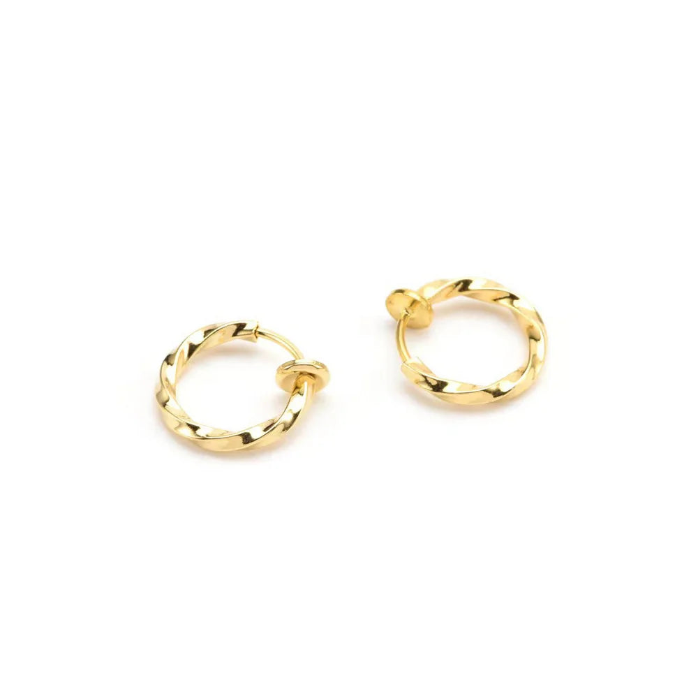 Showcase of the gold electroplated finish on the Twisted Huggie Clip On Hoop Earrings.