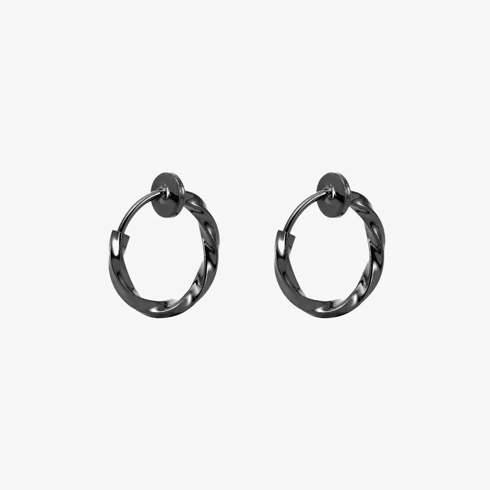 Pair of Twisted Huggie Clip On Hoop Earrings in Black displayed on a neutral background.