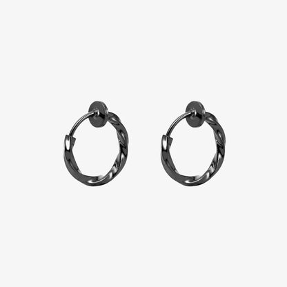 Pair of Twisted Huggie Clip On Hoop Earrings in Black displayed on a neutral background.