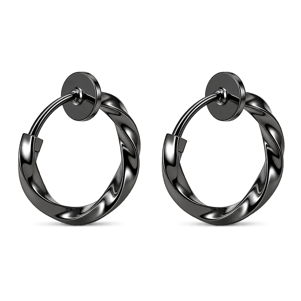 A pair of black twisted hoop earrings with a polished finish and circular post backs, shown on a clean white background.