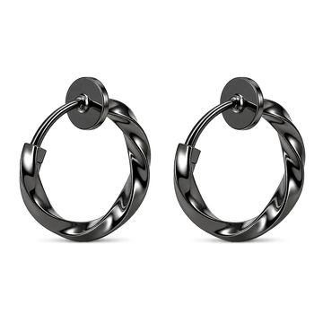 A pair of black twisted hoop earrings with a polished finish and circular post backs, shown on a clean white background.