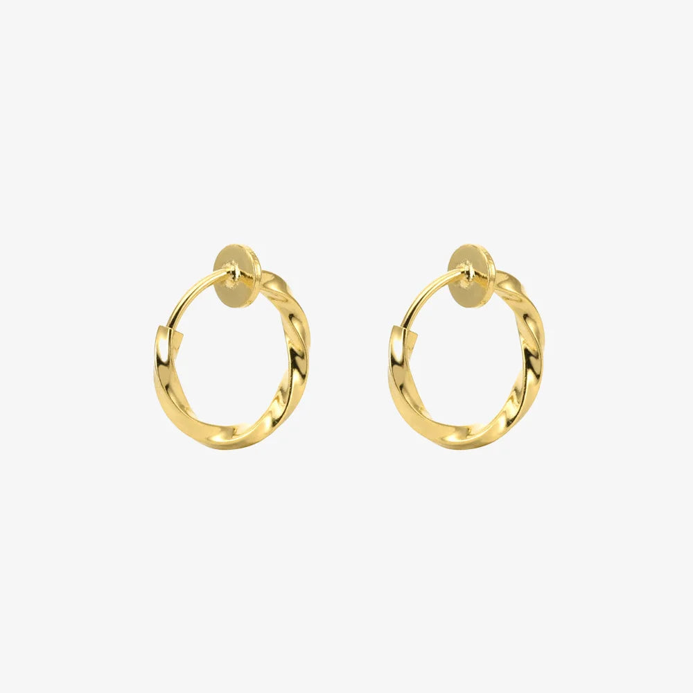 Close up of the sliding spring-hoop clip-on mechanism on the gold hoop earrings.