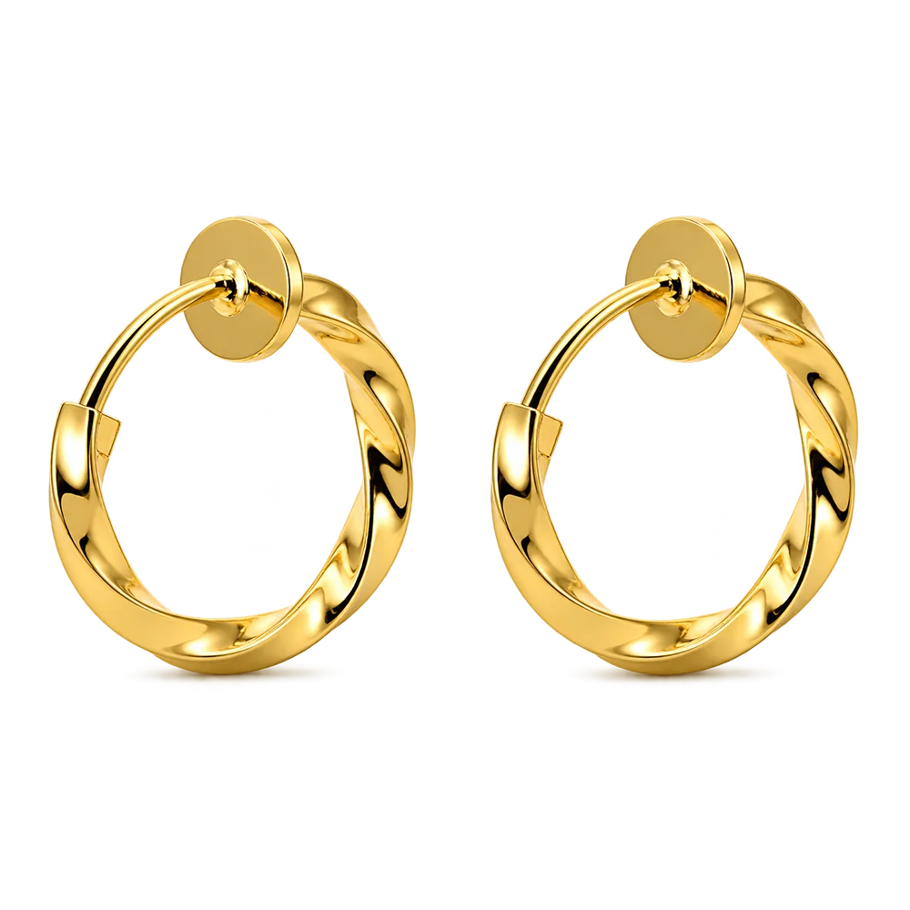A pair of polished yellow gold huggie hoop earrings with a twisted rope design and flat circular posts, shown on a solid white background.