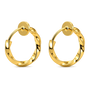 A pair of polished yellow gold huggie hoop earrings with a twisted rope design and flat circular posts, shown on a solid white background.