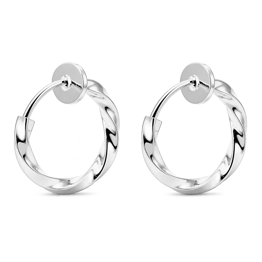 A pair of polished silver hoop earrings with a twisted, rope-like textured design, shown on a clean white background.