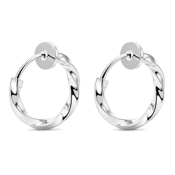 A pair of polished silver hoop earrings with a twisted, rope-like textured design, shown on a clean white background.