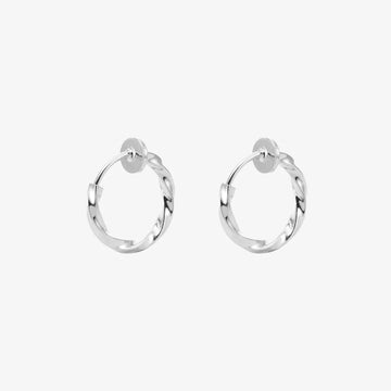 Showcase of the silver electroplated finish on the Twisted Huggie Clip On Hoop Earrings.