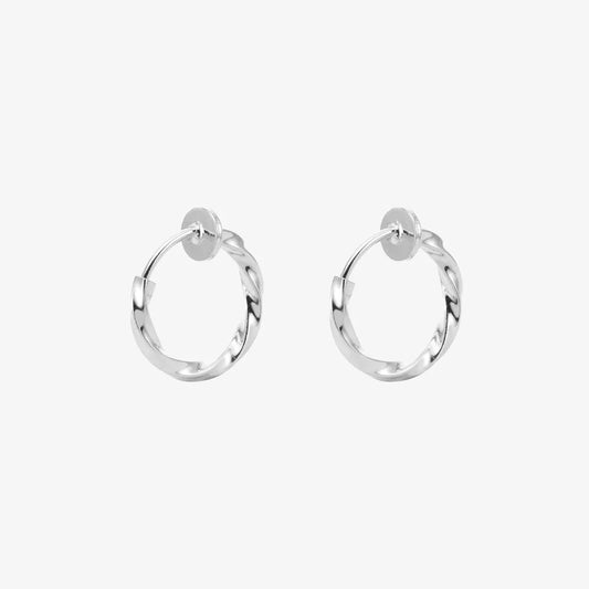 Showcase of the silver electroplated finish on the Twisted Huggie Clip On Hoop Earrings.