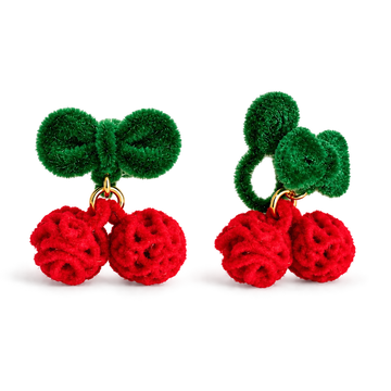 A pair of cherry-shaped earrings made from fuzzy green and red yarn, with gold-tone metal rings connecting the stems, shown on a plain white background.