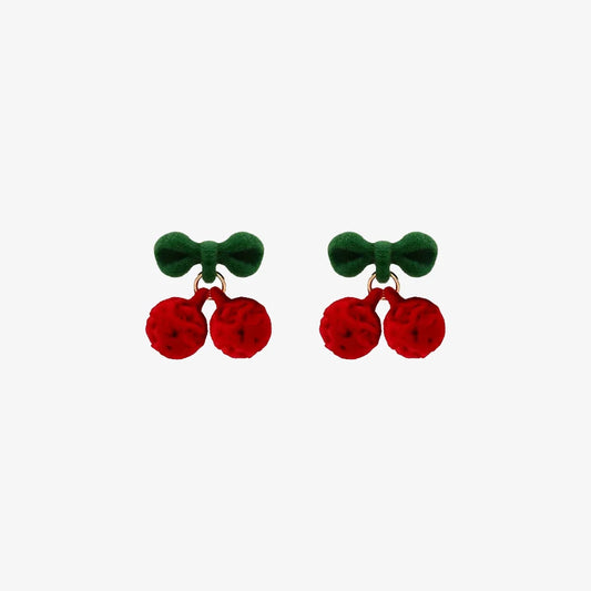 Velvet Cherry Clip-On Earrings with Soft Flocking Texture