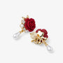 A pair of gold and red drop earrings featuring fabric roses, small pearl-like beads, clear rhinestones, and dangling pearl teardrops, shown on a light gray background.