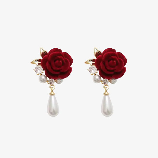 Velvet Rose & Pearl Drop Clip-On Earrings with gold-plated leaves, zircons, and faux pearls.