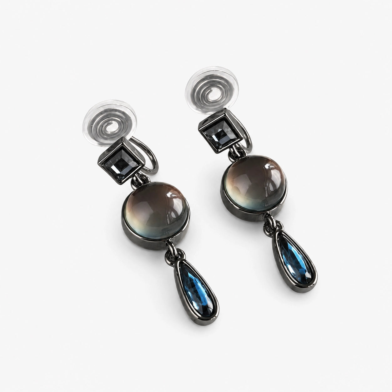 Vintage multi-gem drop clip-on earrings with smoky gray and blue stones in gunmetal finish