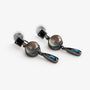 Vintage multi-gem drop clip-on earrings with smoky quartz and labradorite stones on white display