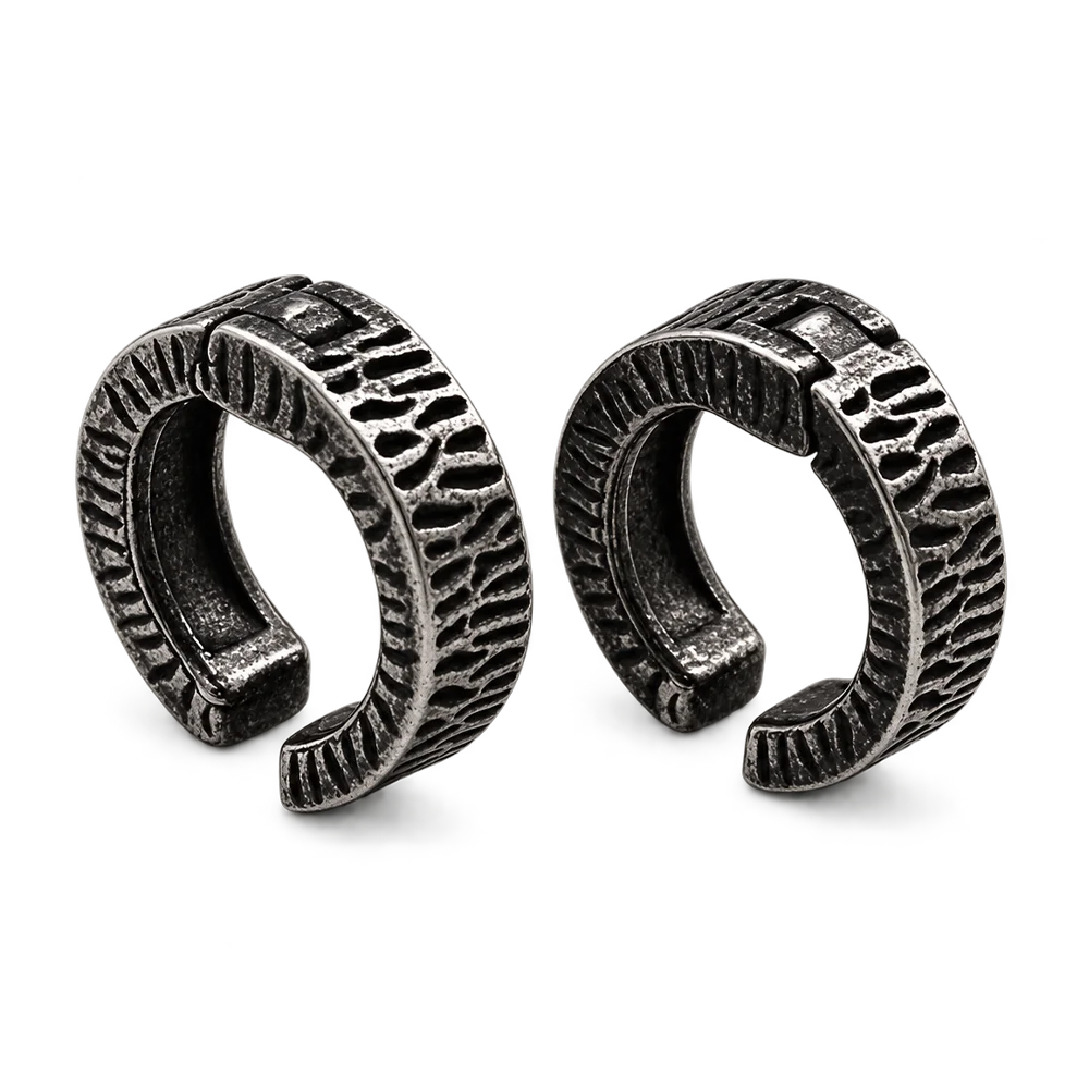 Vintage Tyre Clip-On Earrings textured silver pair front view on white background