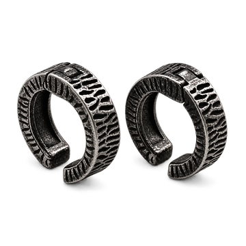 Vintage Tyre Clip-On Earrings textured silver pair front view on white background