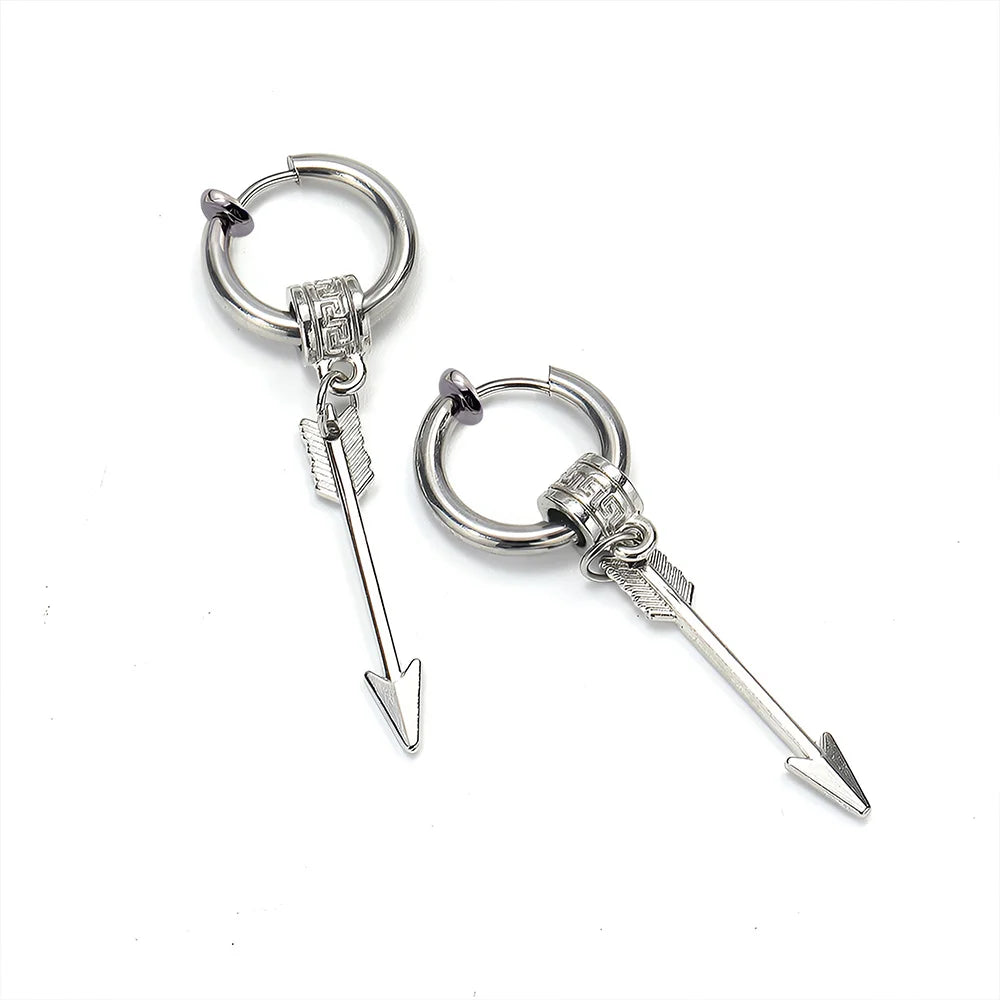 Silver Warrior Arrow clip-on earrings displayed on white background showing detailed arrow design with decorative bead accents