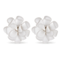 A pair of white flower-shaped stud earrings with layered petal-like petals, shown on a clean white background.