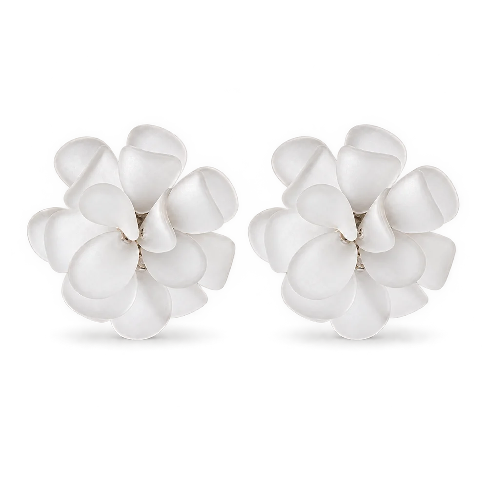 A pair of white flower-shaped stud earrings with layered petal-like petals, shown on a clean white background.