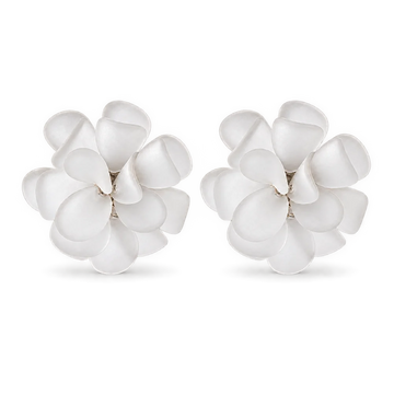 A pair of white flower-shaped stud earrings with layered petal-like petals, shown on a clean white background.