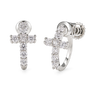 A pair of silver-toned hoop earrings with cross-shaped front embellishments, both covered in clear round-cut stones, shown on a plain white background.