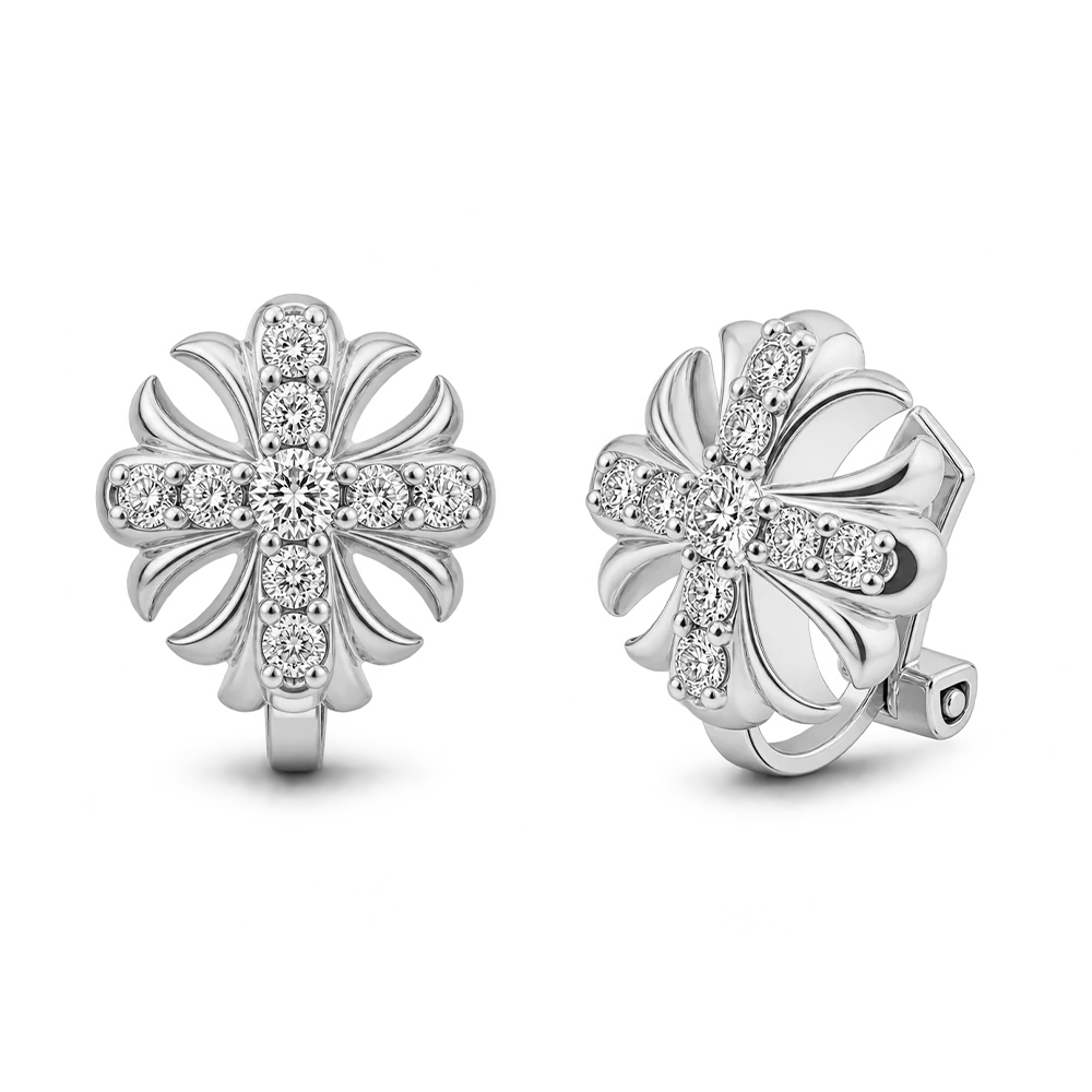 A pair of silver-toned flower-shaped earrings with clear pavé-set round diamonds, shown from front and side angles on a clean white background.
