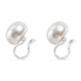 A pair of barbell-style earrings featuring large, lustrous white pearls on clip hooks, shown against a plain white background.