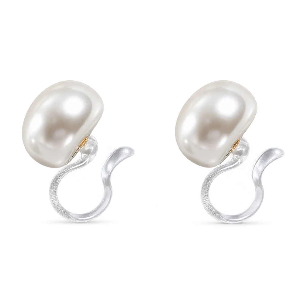 A pair of barbell-style earrings featuring large, lustrous white pearls on clip hooks, shown against a plain white background.